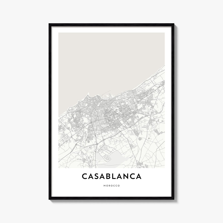 Casablanca black & white map poster of Morocco – vertical wall art, unframed print shown in interior mockup