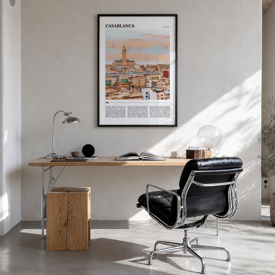Casablanca colorful travel poster of Morocco – vertical wall art in black wood frame, hanging on wall
