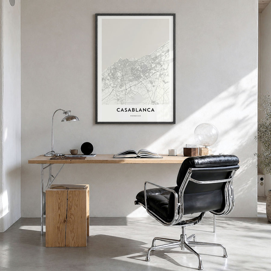 Casablanca Map Poster in a black wood frame, hanging in a bright home office