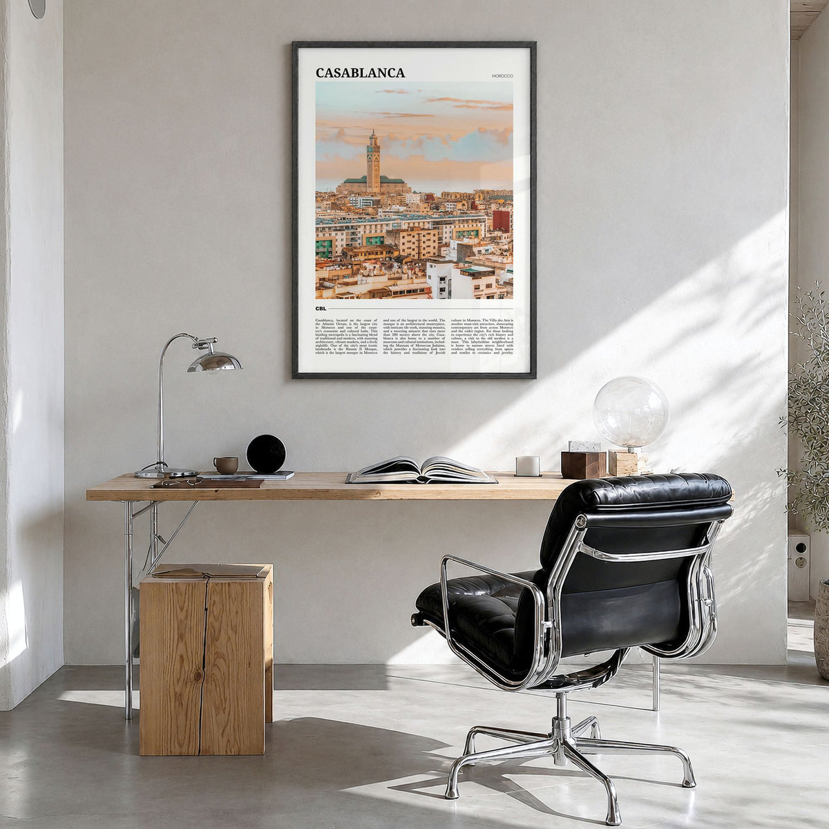 Casablanca Travel Poster in a black wood frame, hanging in a bright home office