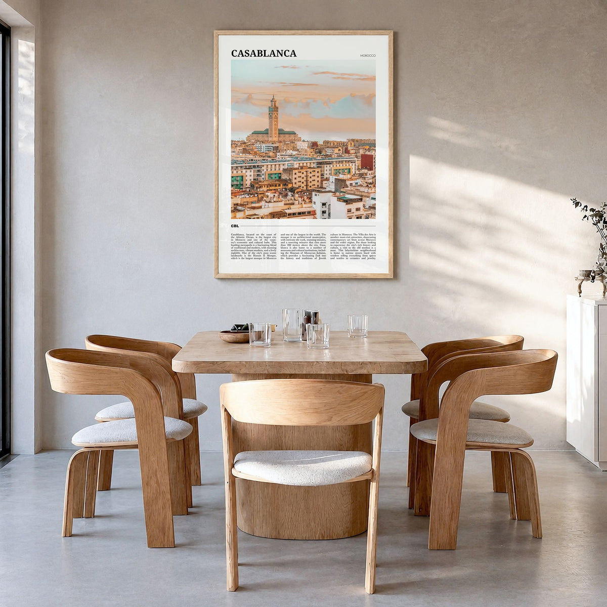 Casablanca Travel Poster in a natural wood frame, hanging in a dining room