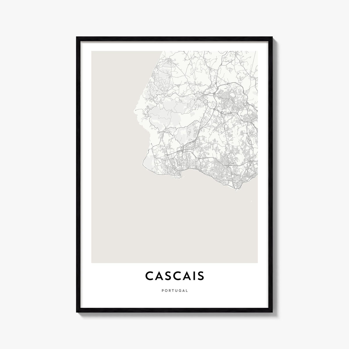 Cascais black & white map poster of Portugal – vertical wall art, unframed print shown in interior mockup