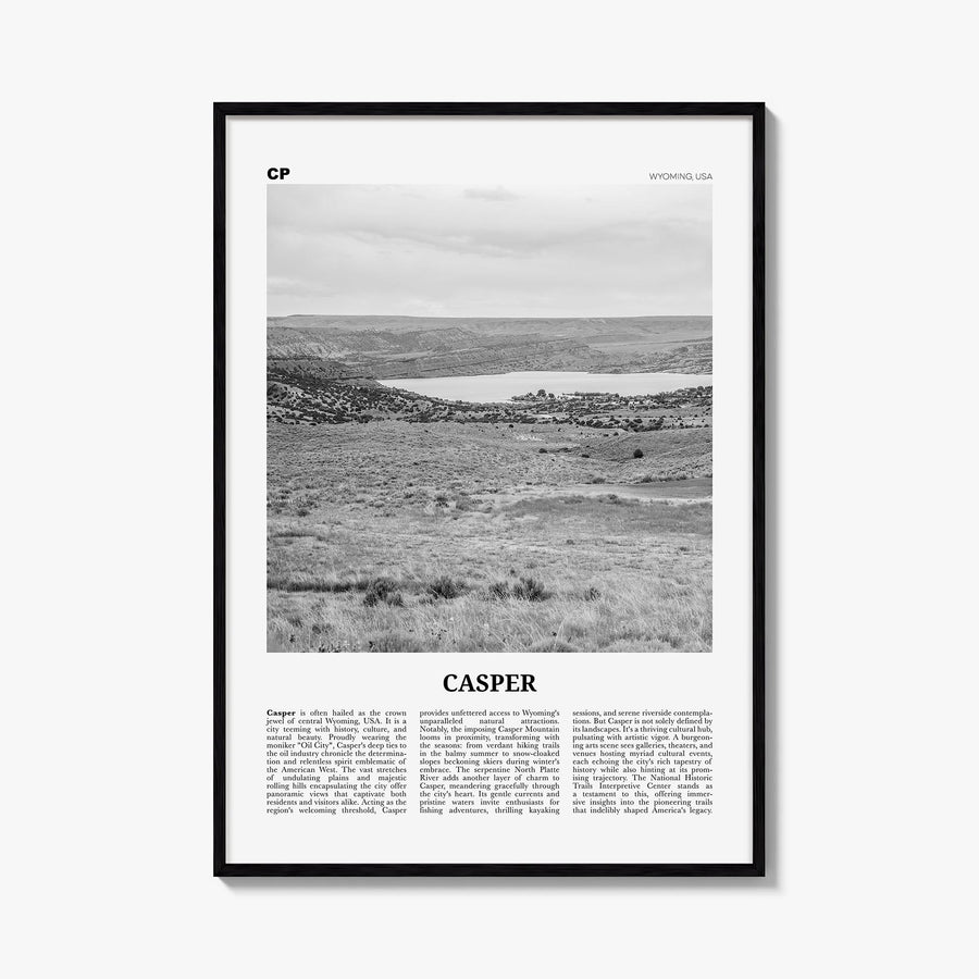 Casper black & white newspaper poster of Wyoming, USA – vertical wall art, unframed print shown in interior mockup