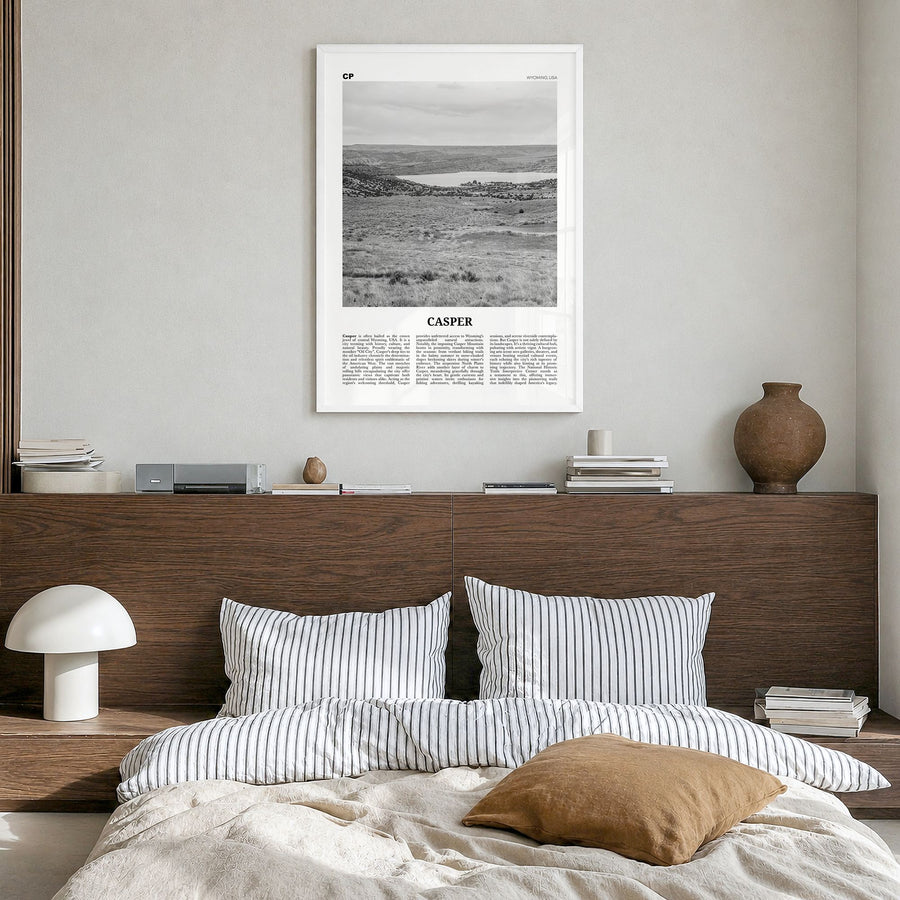 Casper Newspaper Poster in a white wood frame, hanging in a bedroom