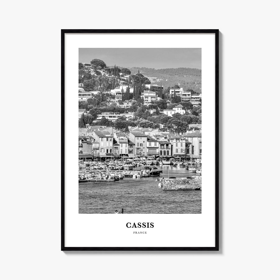 Cassis black & white classic poster of France – vertical wall art, unframed print shown in interior mockup