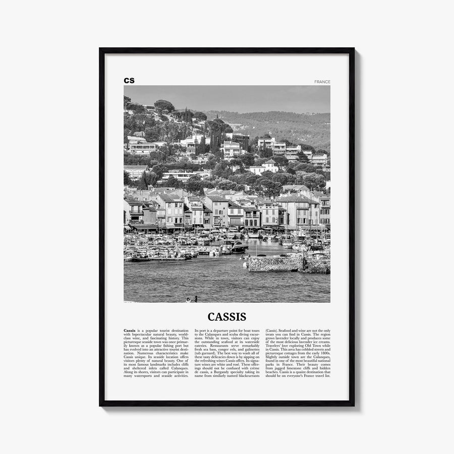 Cassis black & white newspaper poster of France – vertical wall art, unframed print shown in interior mockup