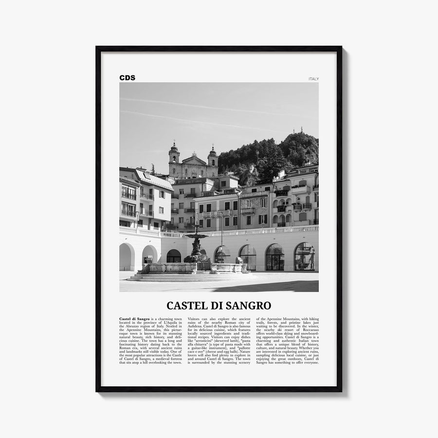 Castel di Sangro black & white newspaper poster of Italy – vertical wall art, unframed print shown in interior mockup