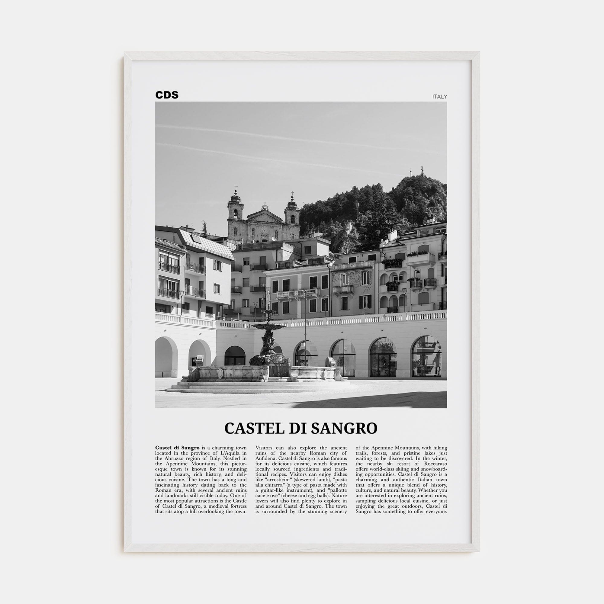 Castel di Sangro Poster White Wood / 8x12 in Nbourhood Travel B&W Poster