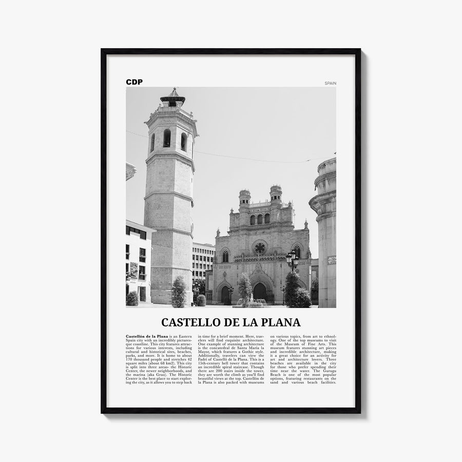Castelló de la Plana black & white newspaper poster of Spain – vertical wall art, unframed print shown in interior mockup