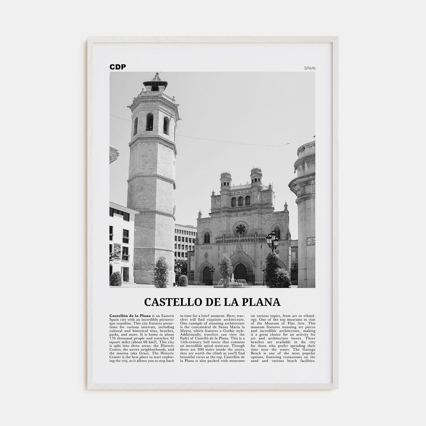 Castello de la Plana Poster White Wood / 8x12 in Nbourhood Travel B&W Poster