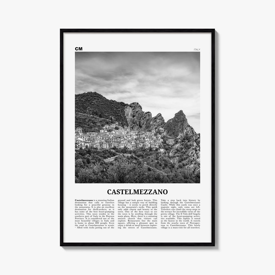 Castelmezzano black & white newspaper poster of Italy – vertical wall art, unframed print shown in interior mockup