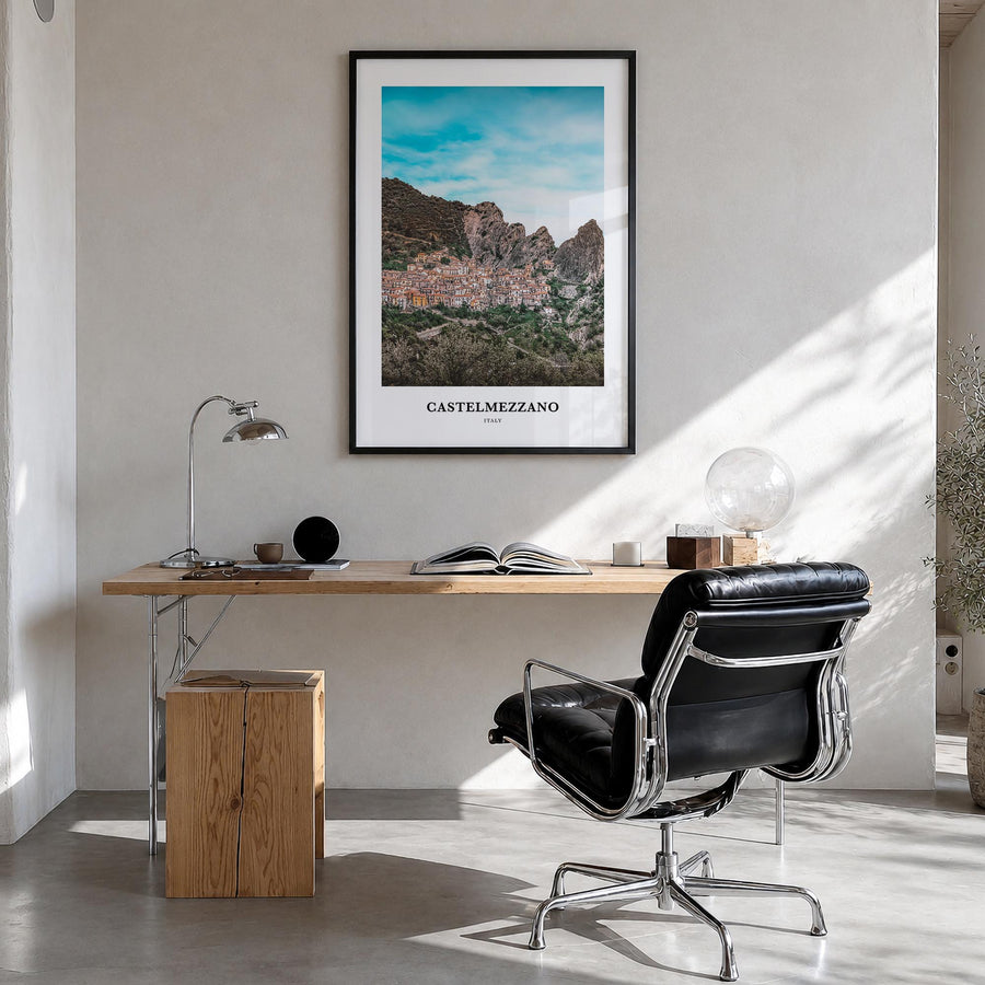 Castelmezzano colorful classic poster of Italy – vertical wall art in black wood frame, hanging on wall