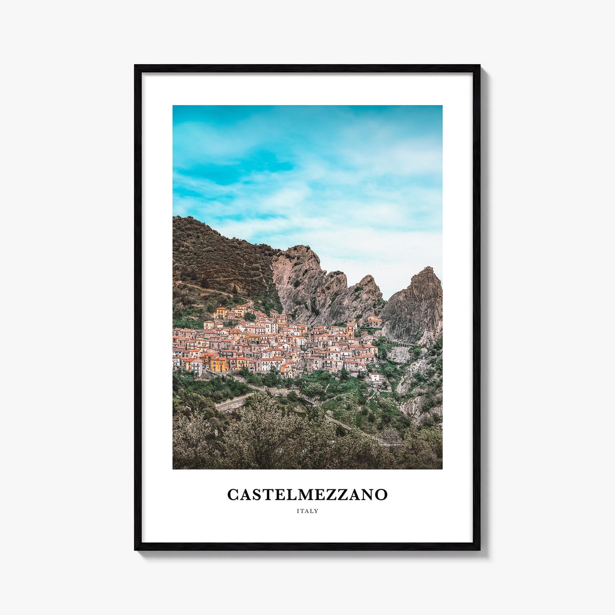 Castelmezzano colorful classic poster of Italy – vertical wall art, unframed print shown in interior mockup
