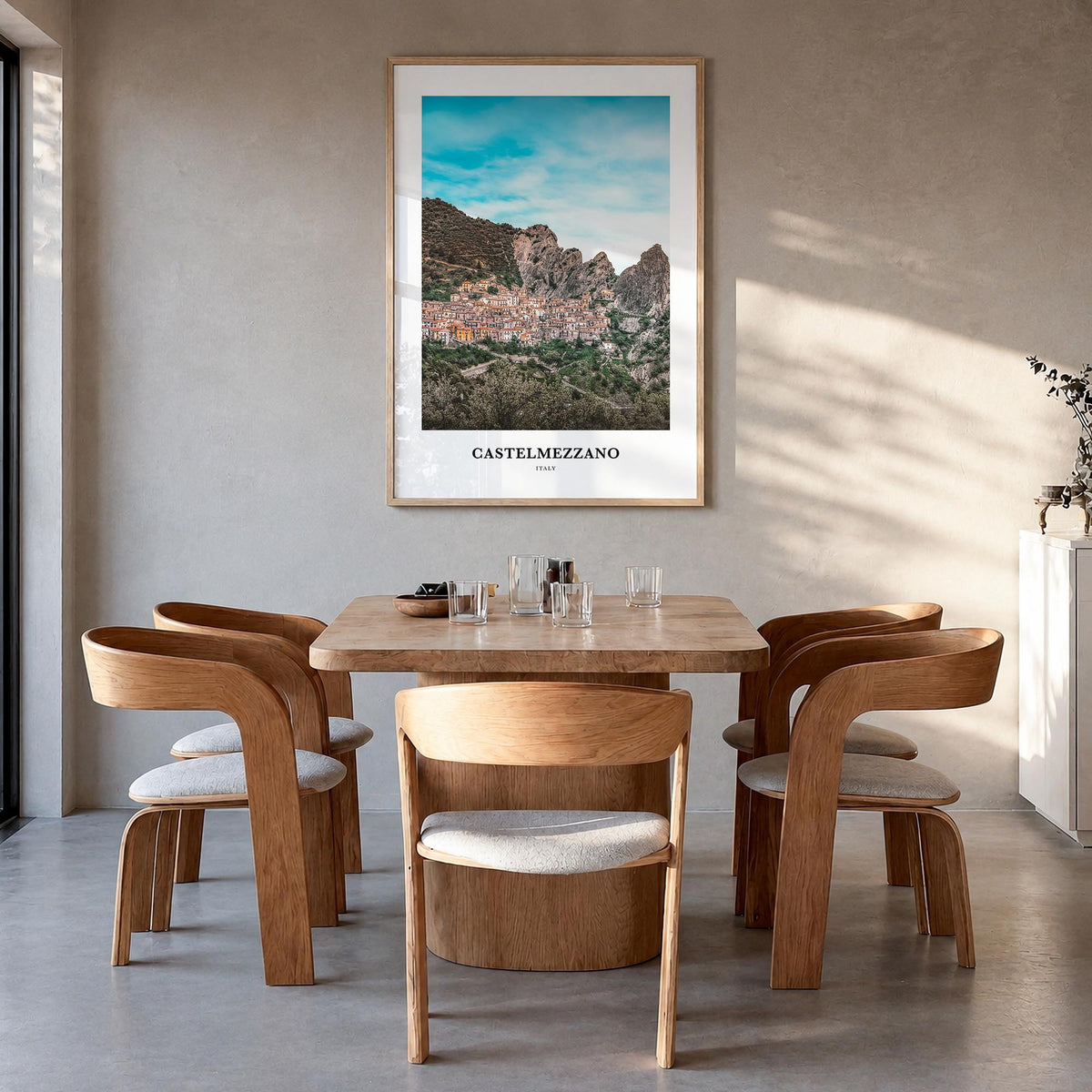Castelmezzano colorful classic poster of Italy – vertical wall art in natural wood frame, hanging on wall