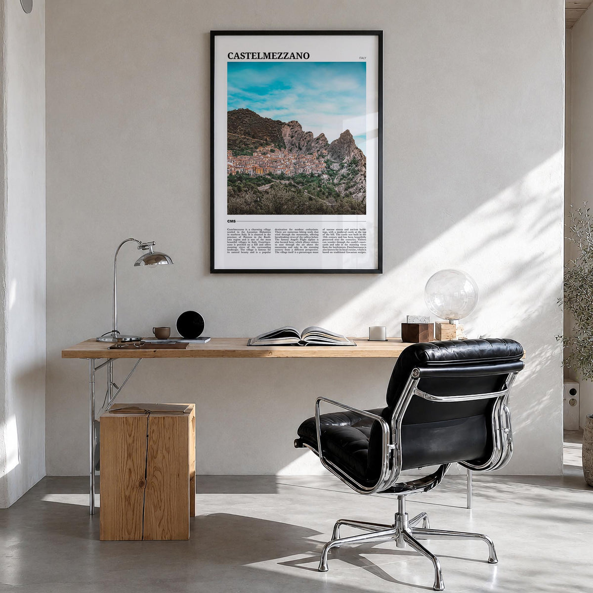 Castelmezzano colorful travel poster of Italy – vertical wall art in black wood frame, hanging on wall
