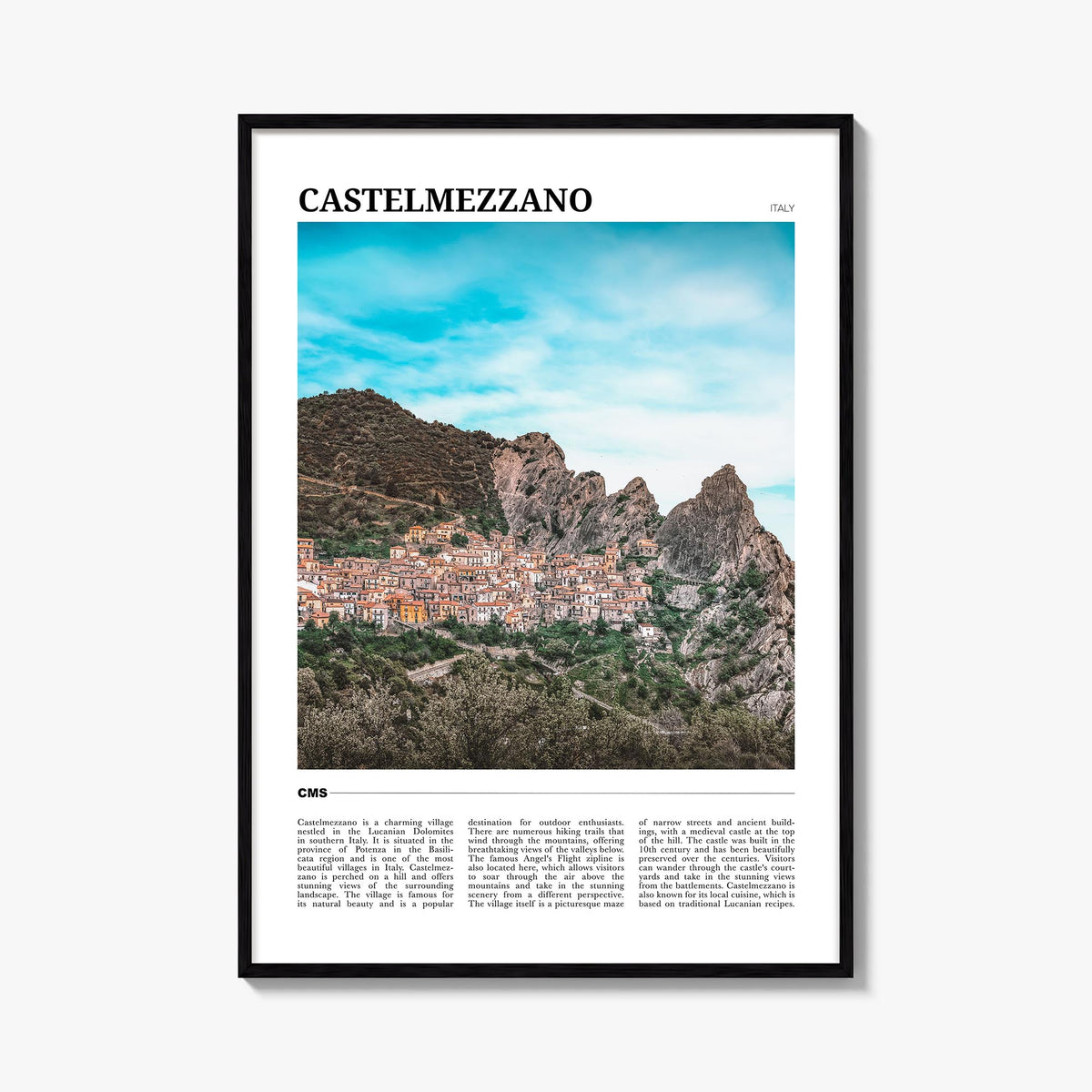 Castelmezzano colorful travel poster of Italy – vertical wall art, unframed print shown in interior mockup