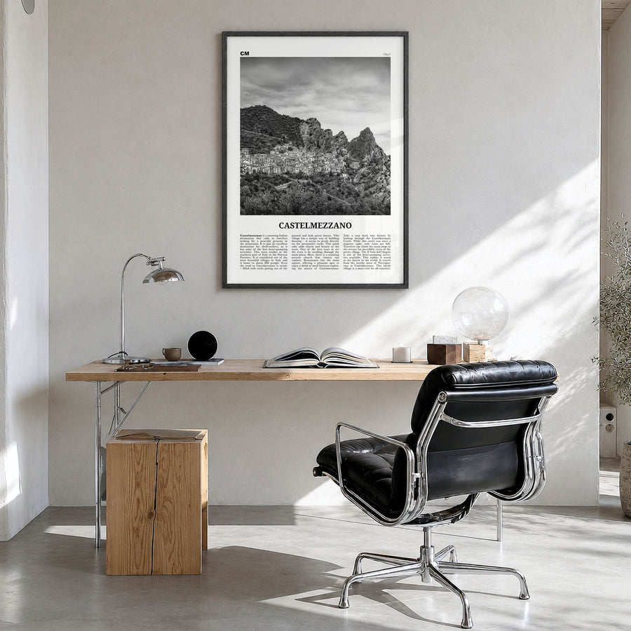 Castelmezzano Newspaper Poster in a black wood frame, hanging in a bright home office