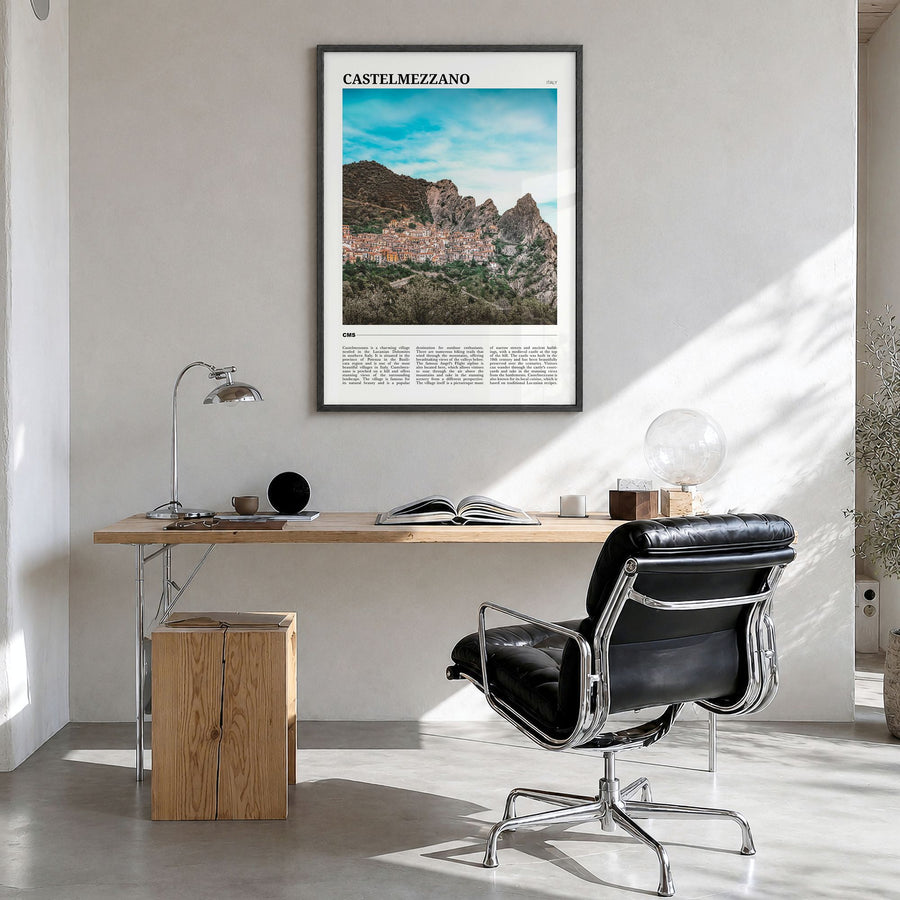 Castelmezzano Travel Poster in a black wood frame, hanging in a bright home office