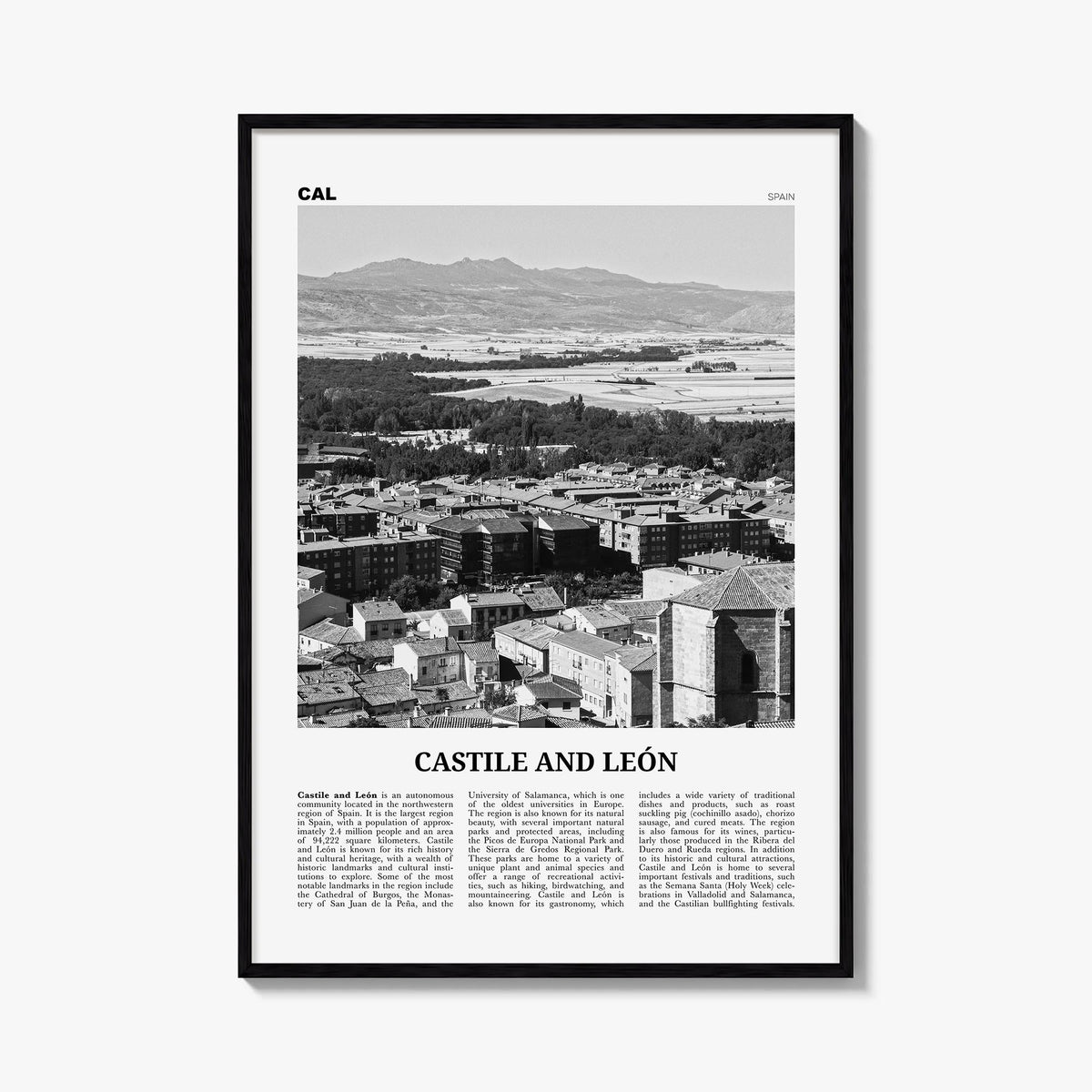 Castile and León black & white newspaper poster of Spain – vertical wall art, unframed print shown in interior mockup