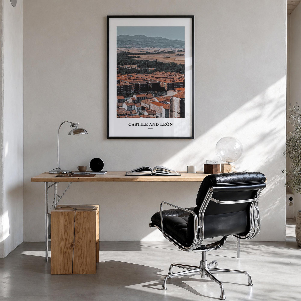 Castile and León colorful classic poster of Spain – vertical wall art in black wood frame, hanging on wall