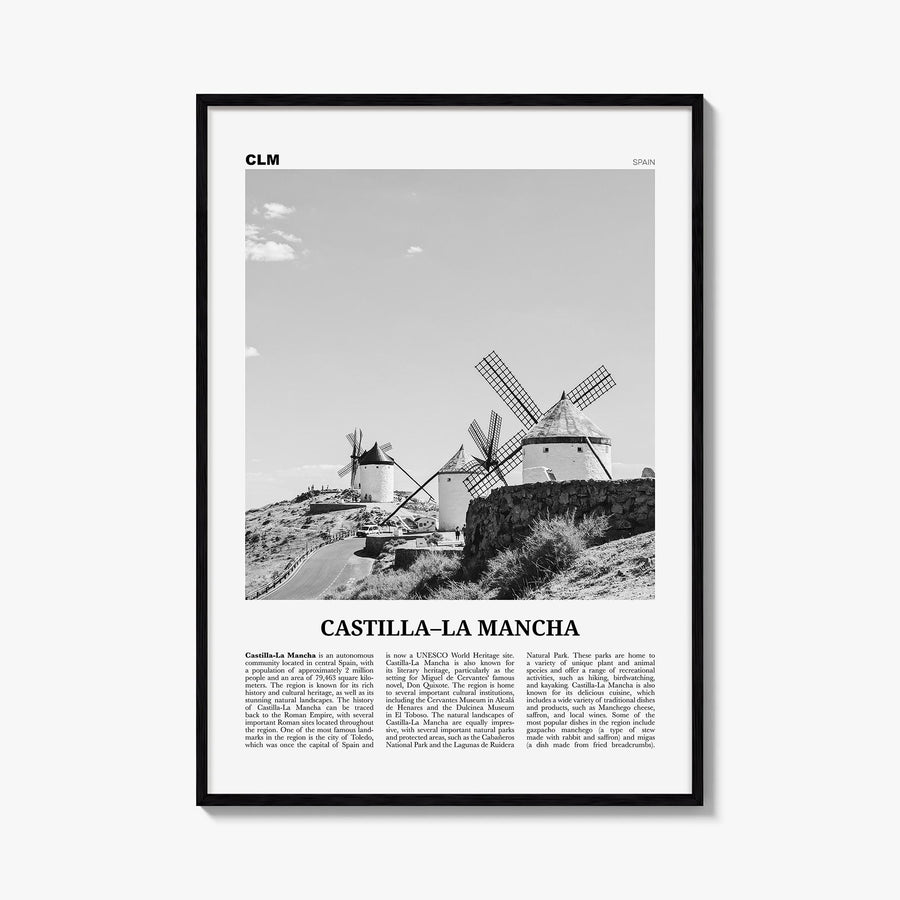 Castilla-La Mancha black & white newspaper poster of Spain – vertical wall art, unframed print shown in interior mockup