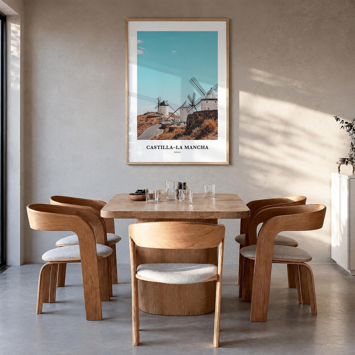 Castilla-La Mancha colorful classic poster of Spain – vertical wall art in natural wood frame, hanging on wall