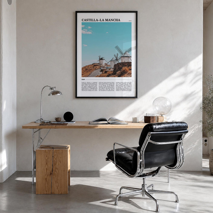 Castilla-La Mancha colorful travel poster of Spain – vertical wall art in black wood frame, hanging on wall