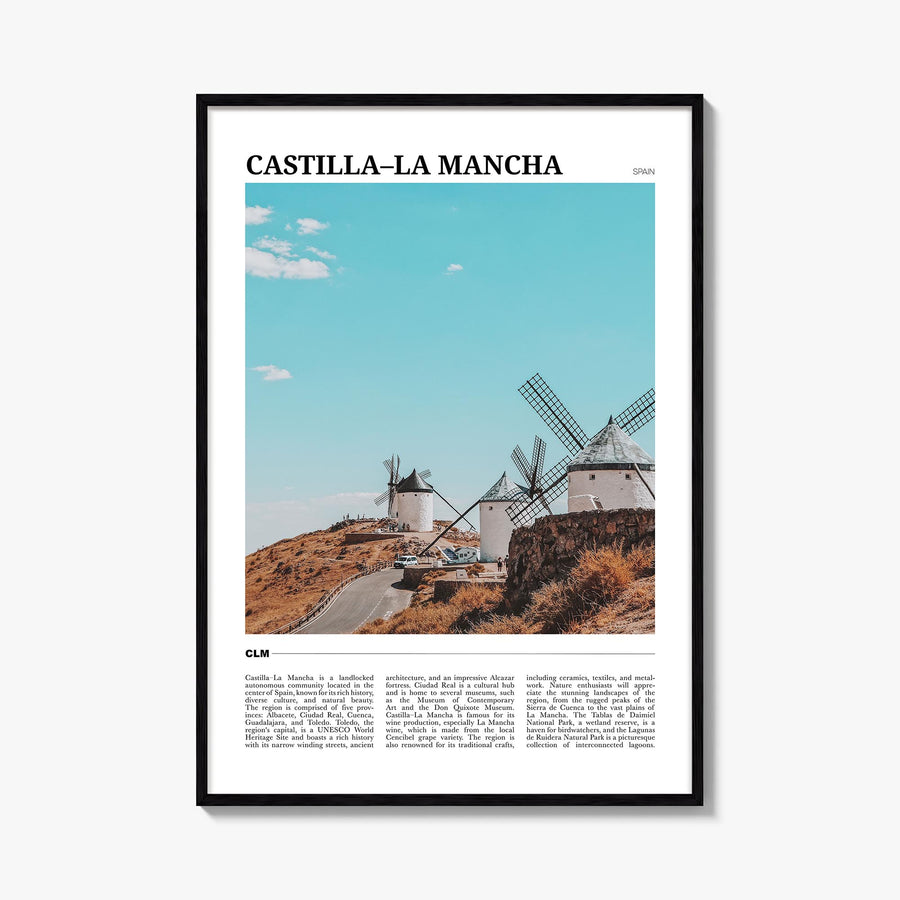 Castilla-La Mancha colorful travel poster of Spain – vertical wall art, unframed print shown in interior mockup