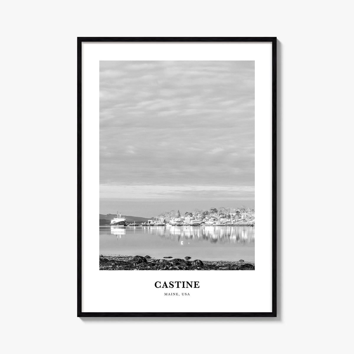 Castine black & white classic poster of Maine, USA – vertical wall art, unframed print shown in interior mockup