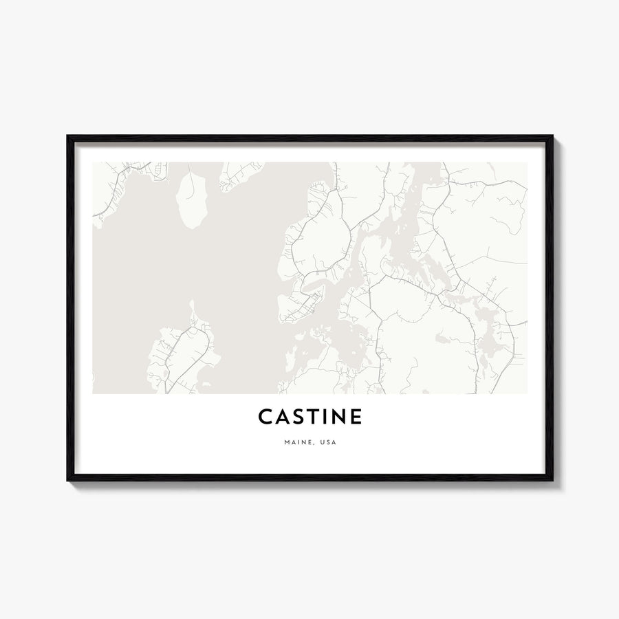 Castine black & white map poster of Maine, USA – horizontal wall art, unframed print shown in interior mockup