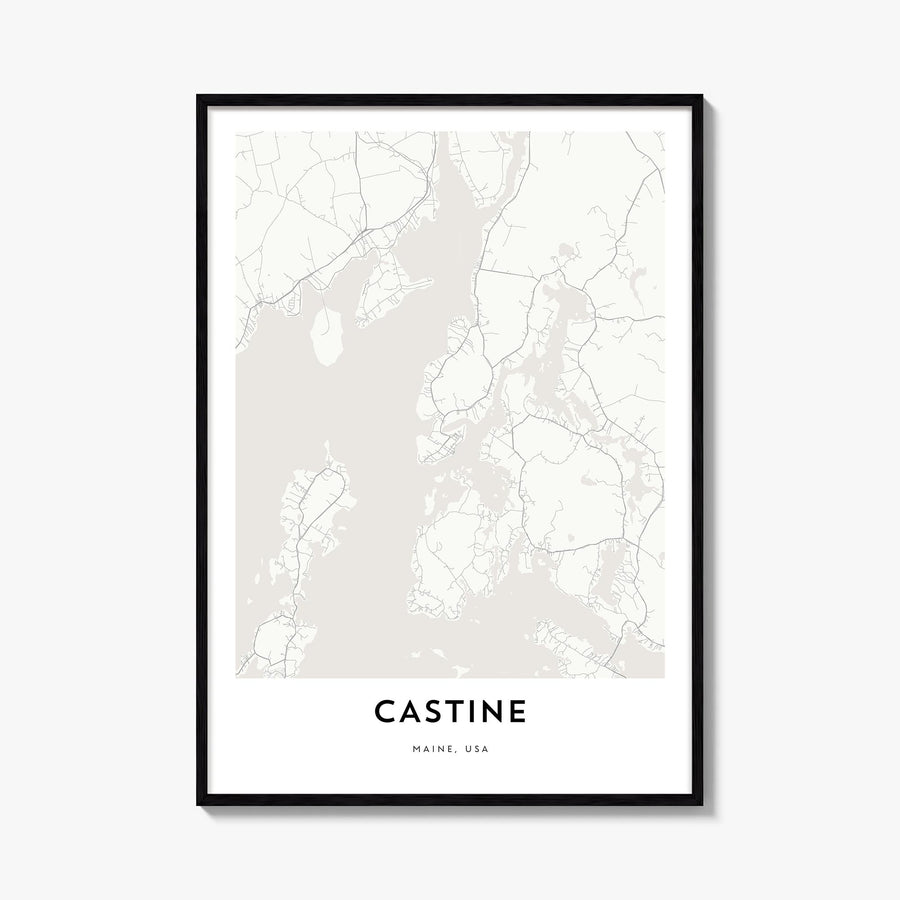Castine black & white map poster of Maine, USA – vertical wall art, unframed print shown in interior mockup