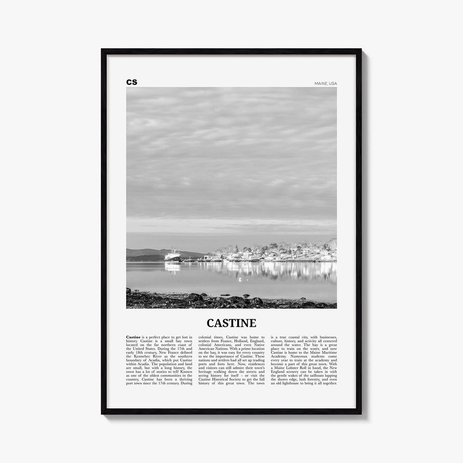 Castine black & white newspaper poster of Maine, USA – vertical wall art, unframed print shown in interior mockup