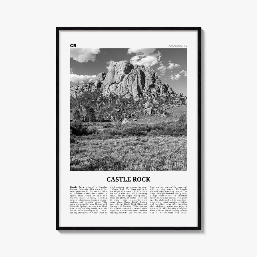 Castle Rock black & white newspaper poster of Colorado, USA – vertical wall art, unframed print shown in interior mockup