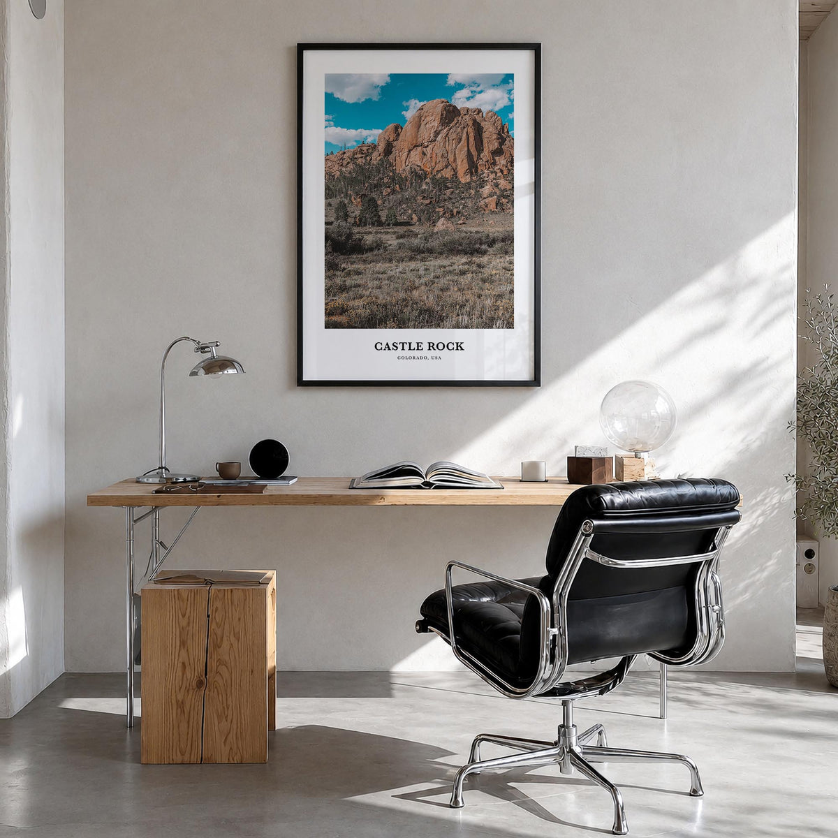 Castle Rock colorful classic poster of Colorado, USA – vertical wall art in black wood frame, hanging on wall
