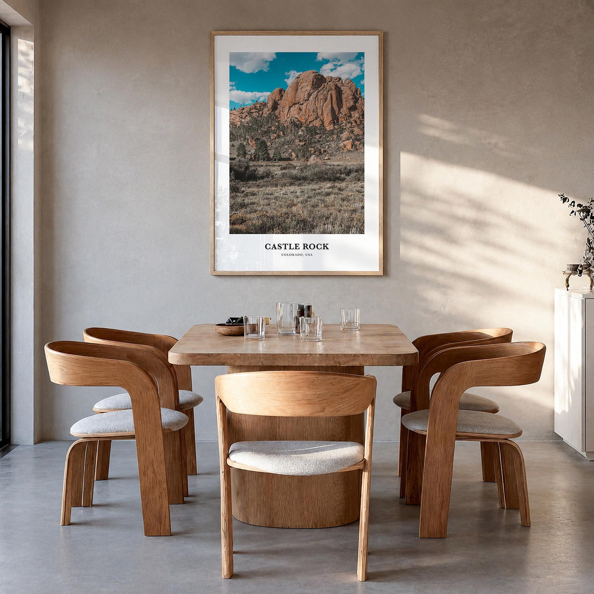 Castle Rock colorful classic poster of Colorado, USA – vertical wall art in natural wood frame, hanging on wall