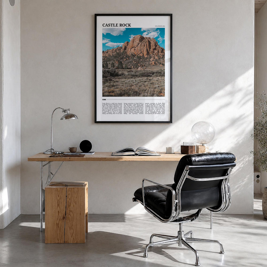 Castle Rock colorful travel poster of Colorado, USA – vertical wall art in black wood frame, hanging on wall