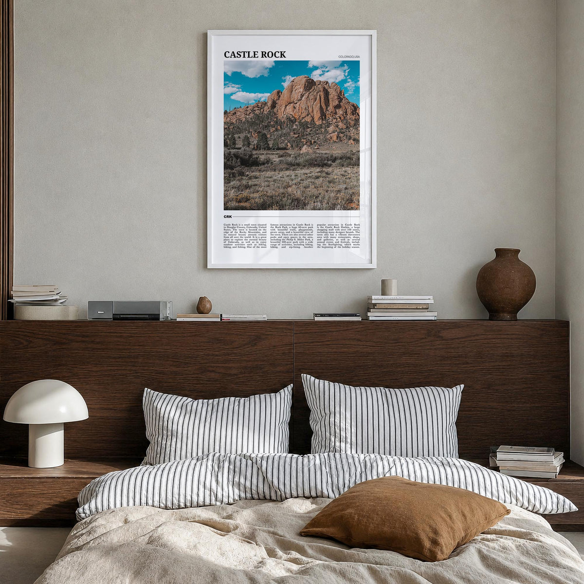 Castle Rock colorful travel poster of Colorado, USA – vertical wall art in white wood frame, hanging on wall