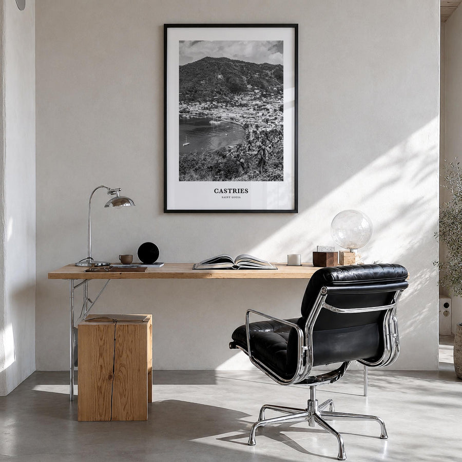 Castries black & white classic poster of Saint Lucia – vertical wall art in black wood frame, hanging on wall