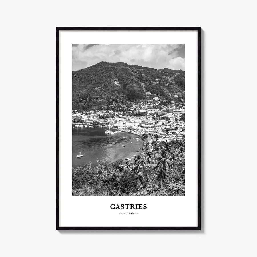 Castries black & white classic poster of Saint Lucia – vertical wall art, unframed print shown in interior mockup