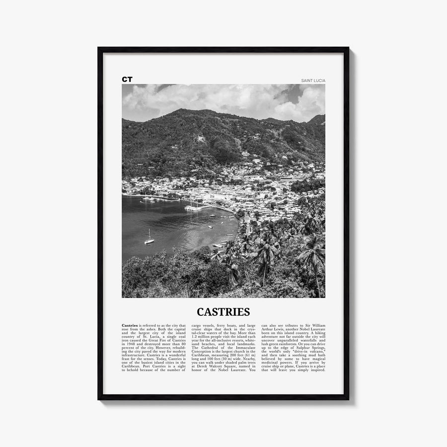 Castries black & white newspaper poster of Saint Lucia – vertical wall art, unframed print shown in interior mockup