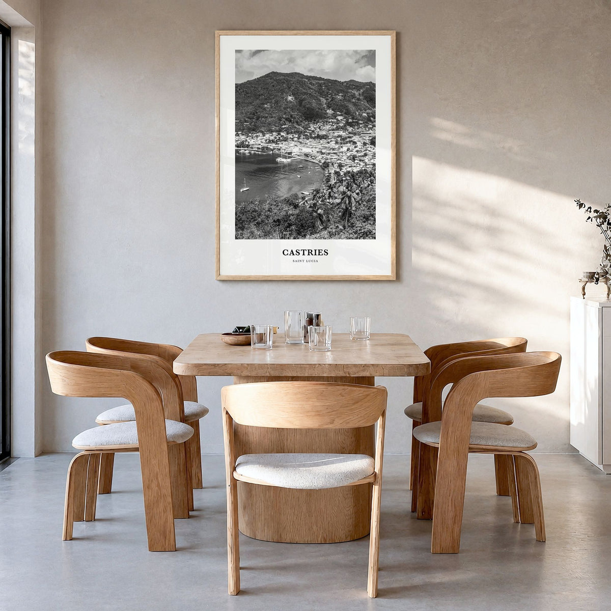 Castries Classic Poster in a natural wood frame, hanging in a dining room