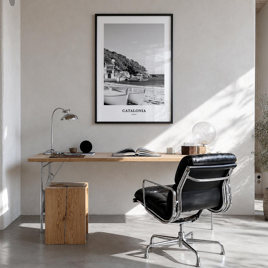 Catalonia black & white classic poster of Spain – vertical wall art in black wood frame, hanging on wall