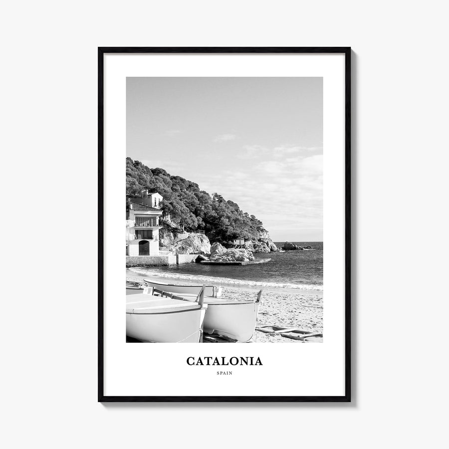 Catalonia black & white classic poster of Spain – vertical wall art, unframed print shown in interior mockup