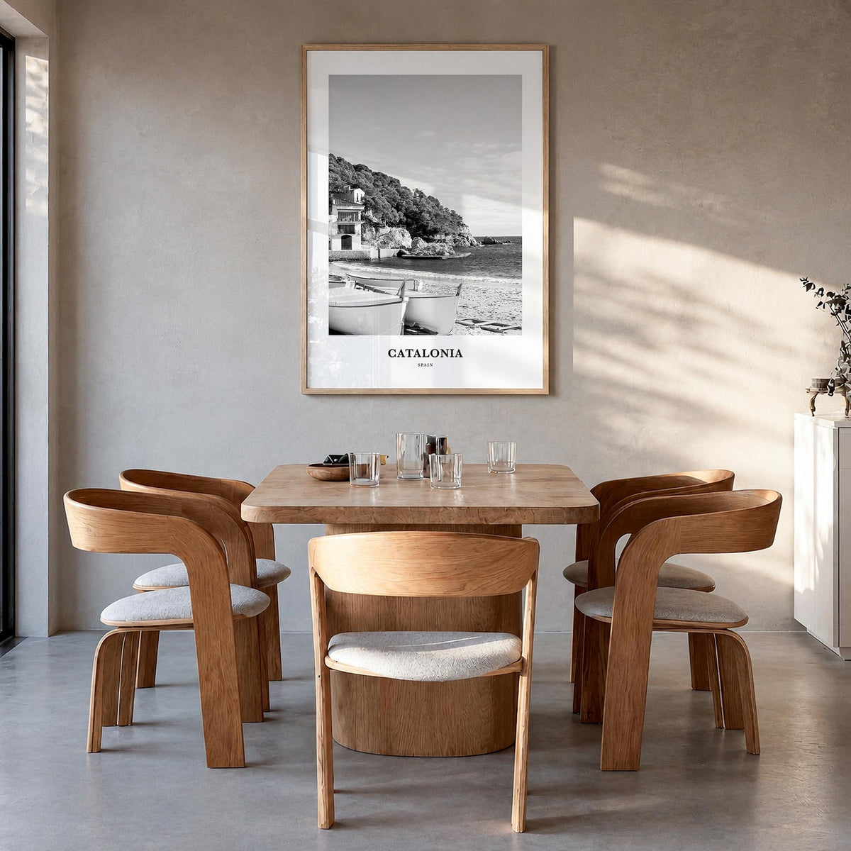 Catalonia black & white classic poster of Spain – vertical wall art in natural wood frame, hanging on wall