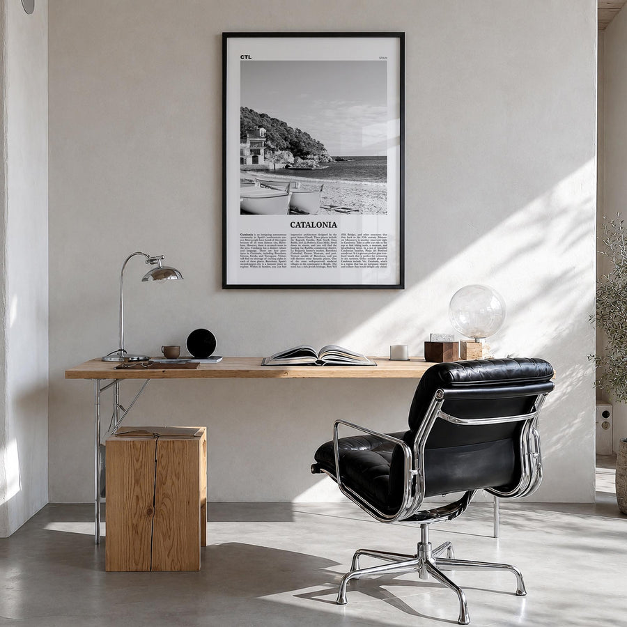 Catalonia black & white newspaper poster of Spain – vertical wall art in black wood frame, hanging on wall