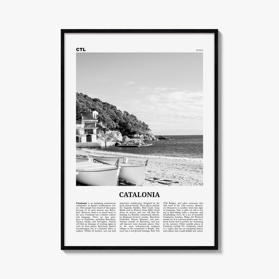 Catalonia black & white newspaper poster of Spain – vertical wall art, unframed print shown in interior mockup