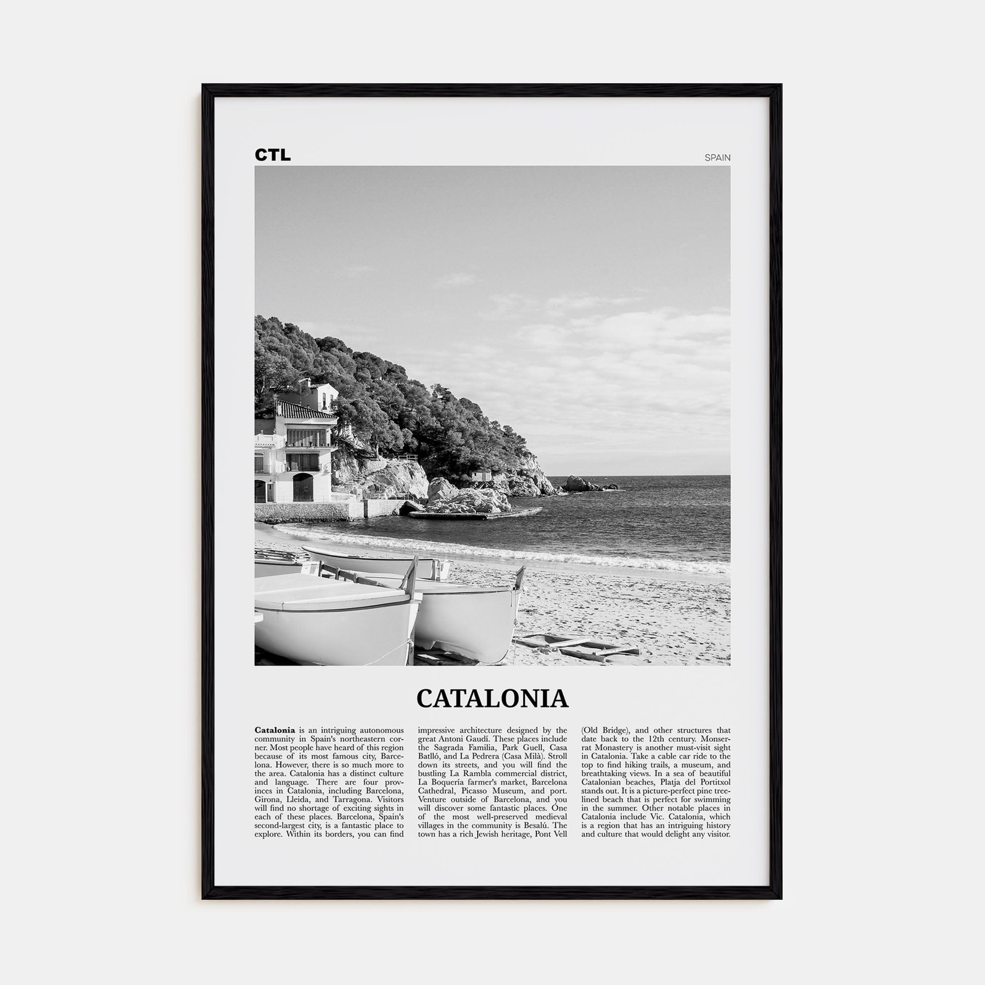 Catalonia Poster Black Wood / 8x12 in Nbourhood Travel B&W Poster