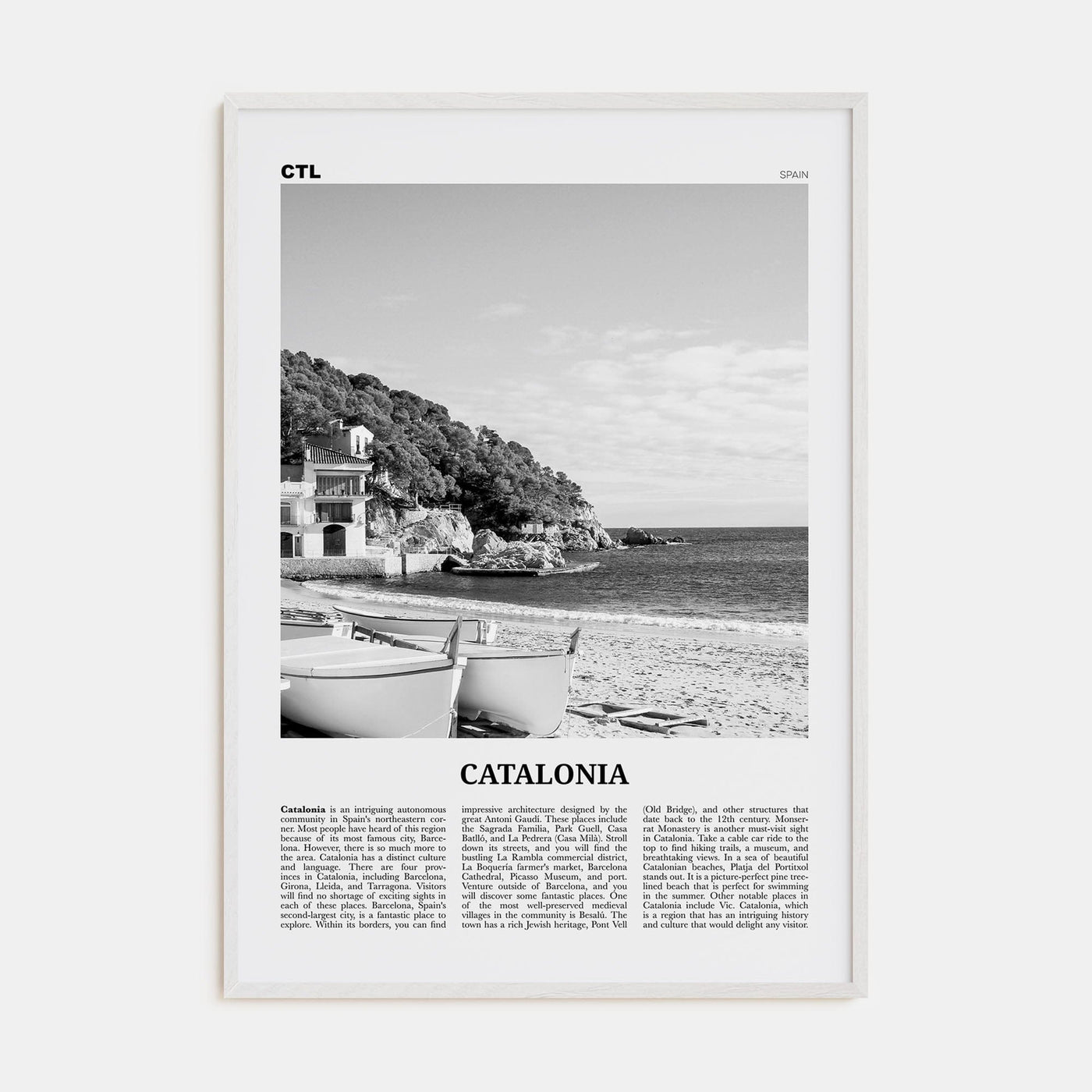 Catalonia Poster White Wood / 8x12 in Nbourhood Travel B&W Poster