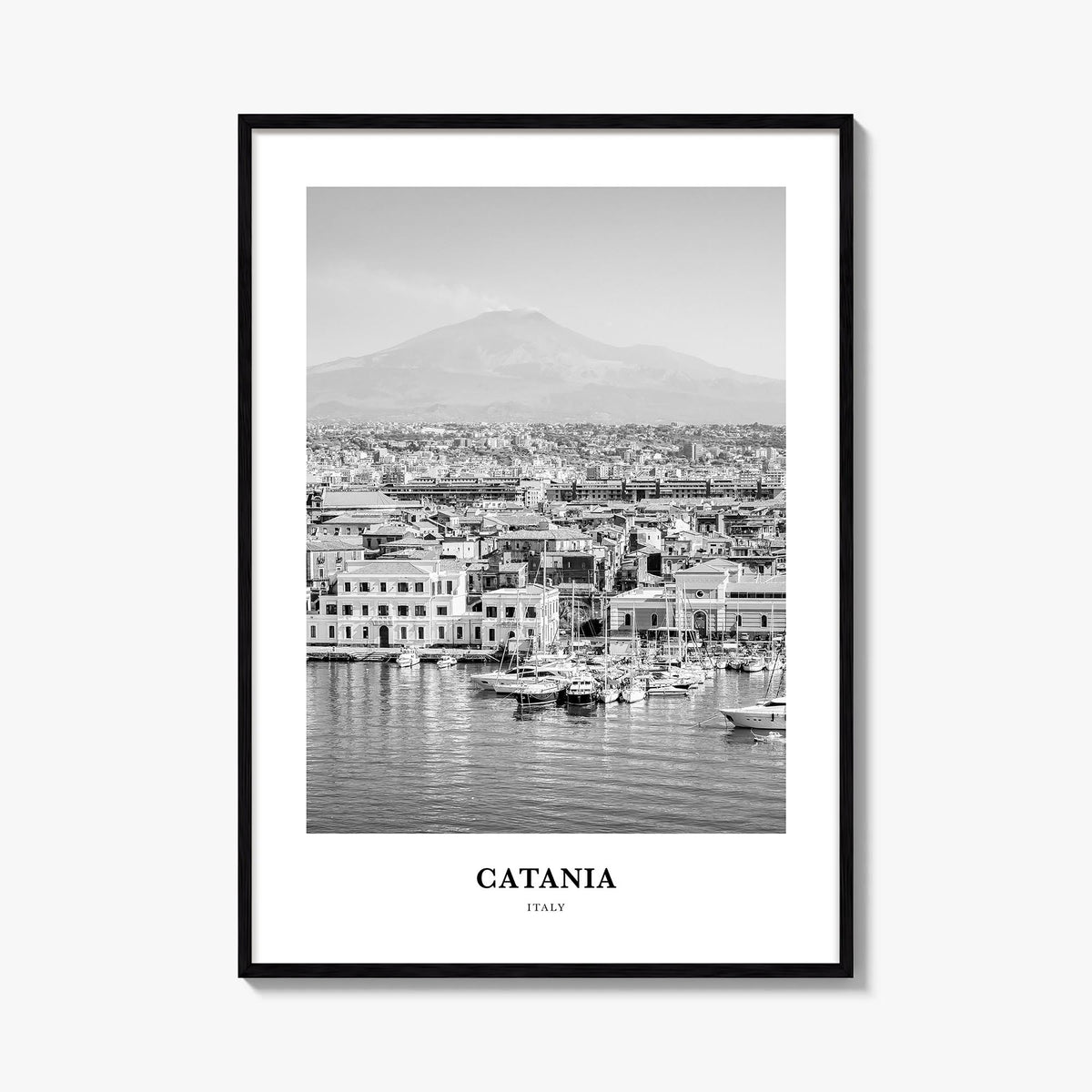 Catania black & white classic poster of Italy – vertical wall art, unframed print shown in interior mockup