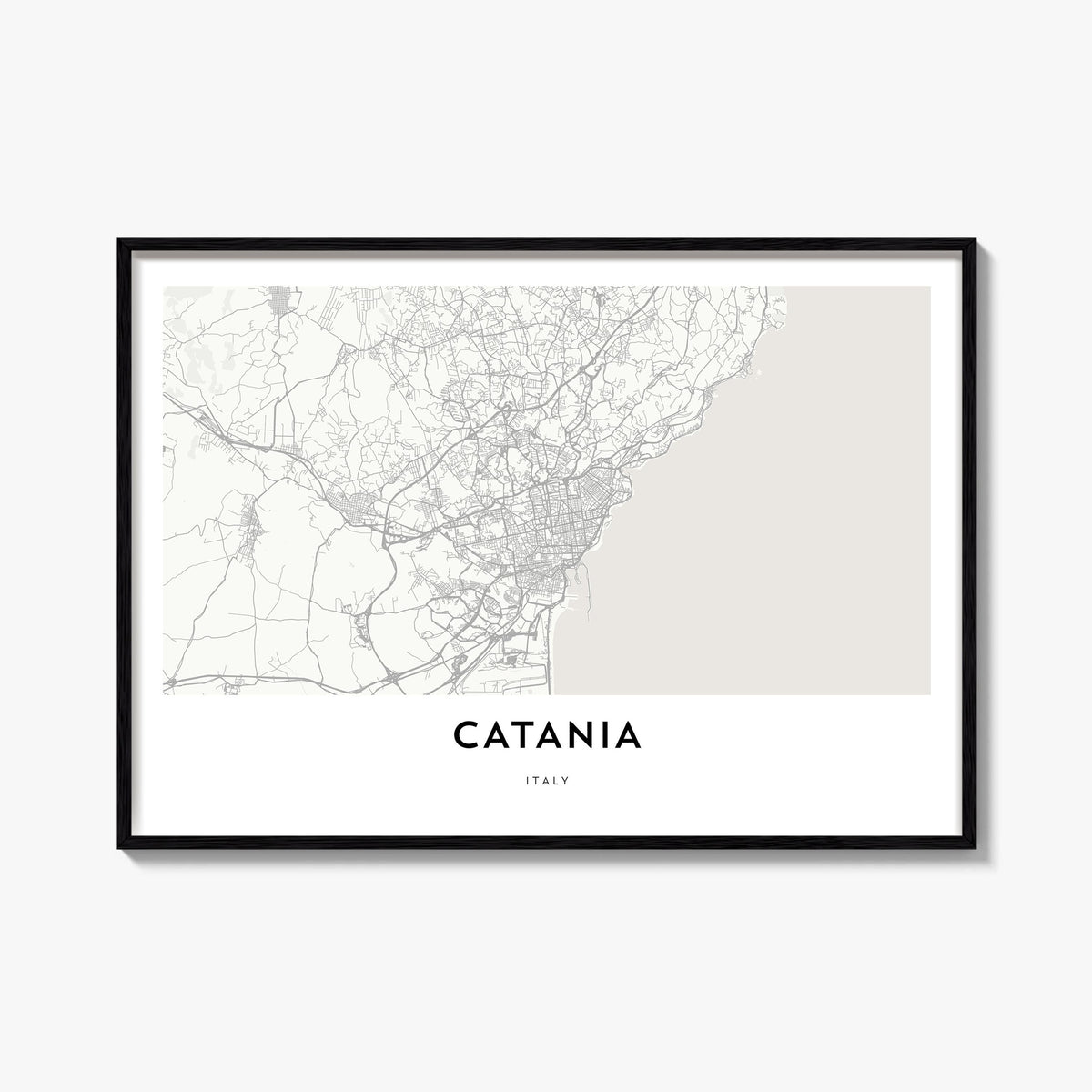 Catania black & white map poster of Italy – horizontal wall art, unframed print shown in interior mockup